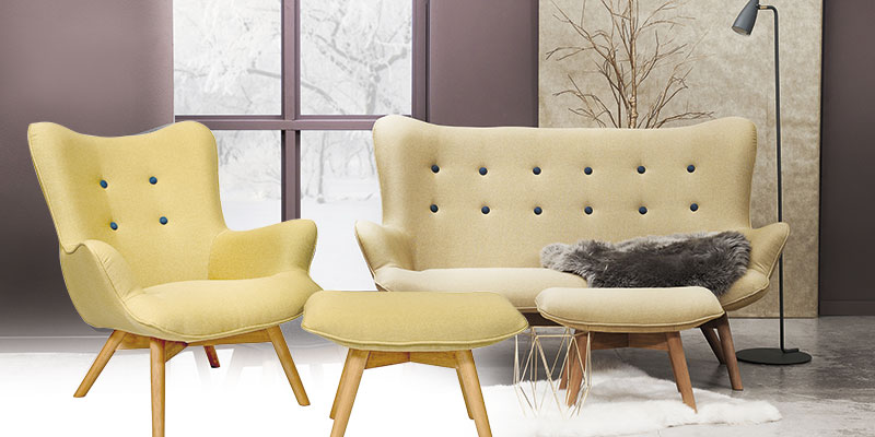 Twist lænestol med skammel og sofa i mustard gul